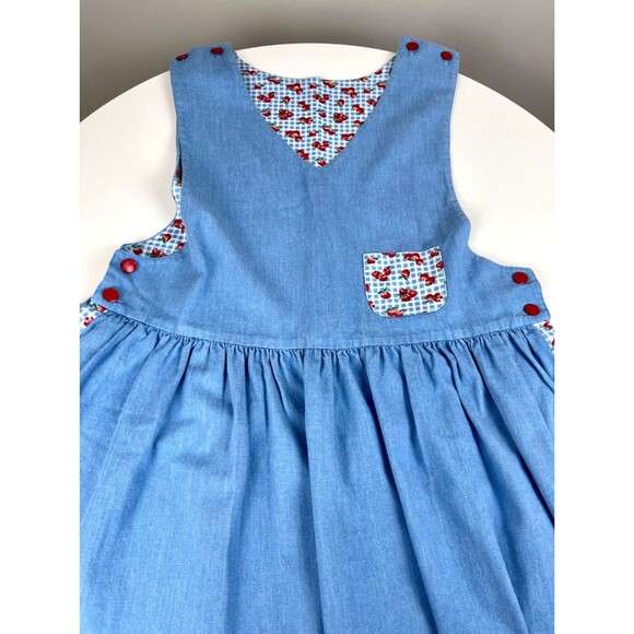 Vintage Chambray Apple Print Jumper Pinafore Dress Cottagecore Red Buttons M/L - Picture 10 of 13